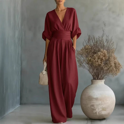 Women's V-Neck Wide-Leg Jumpsuit – High Waist Pleated Elegant
