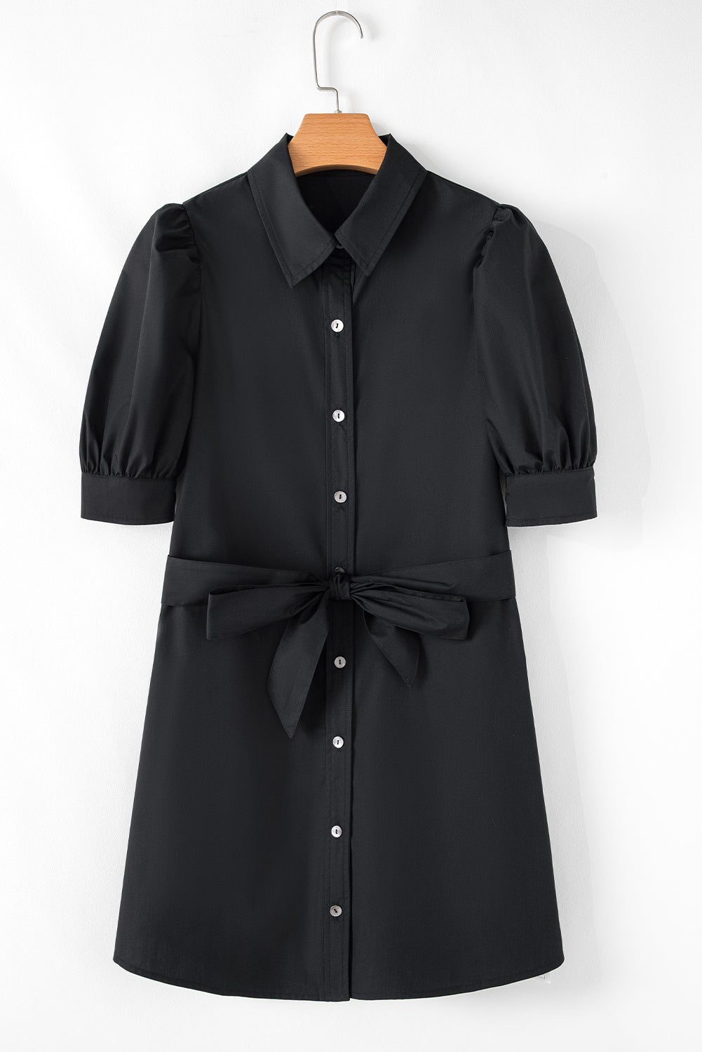 Threaded Pear Malaya Button Up Tie Waist Puff Sleeve Mini Dress