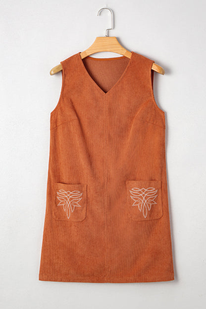 Threaded Pear Molly Corduroy Western Embroidered Patched Pocket Mini Dress