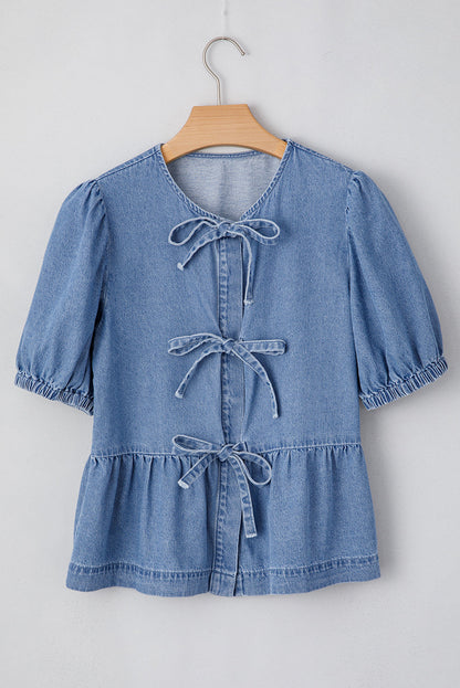 Threaded Pear Hope Tied Front Bubble Sleeve Peplum Denim Shirt