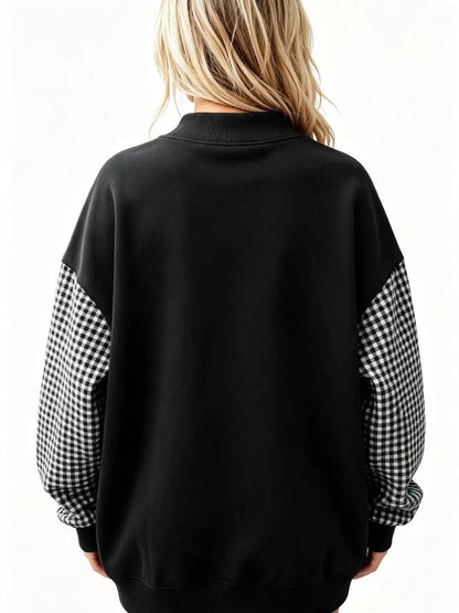 Gingham Sleeves Round Neck Sweatshirt