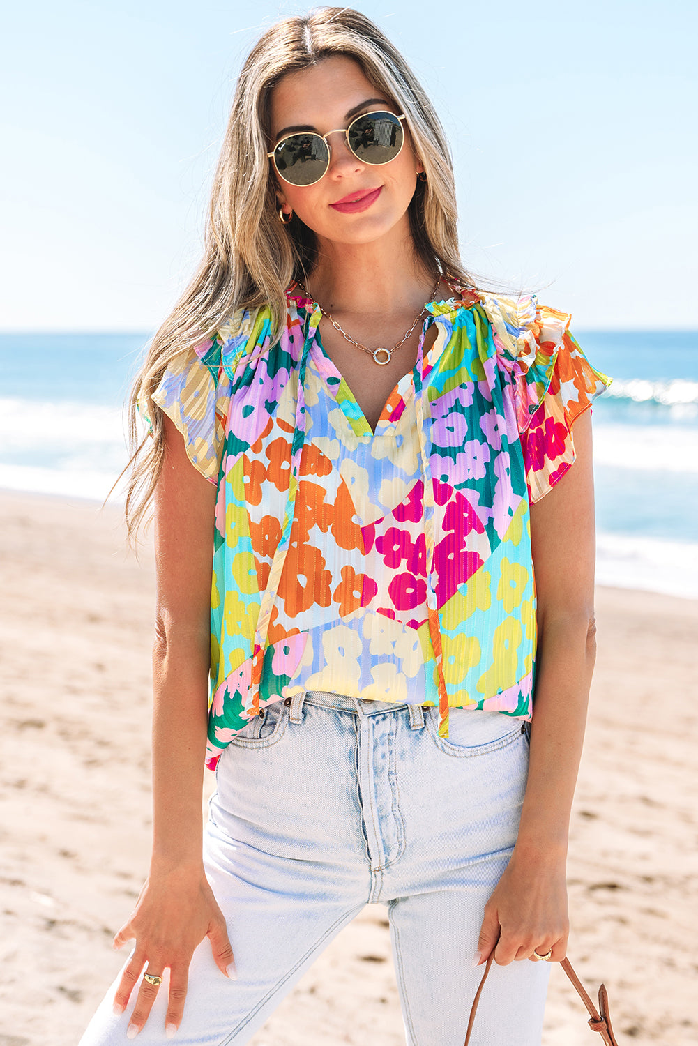 Threaded Pear Rosa Flutter Sleeve V Neck Crinkled Blouse