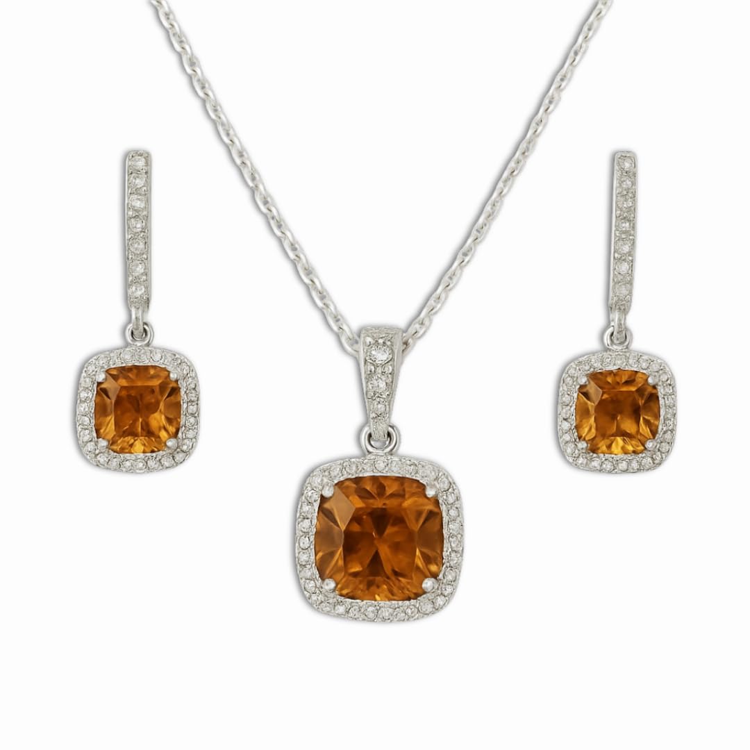 Silver Natural Cushion Citrine Earrings and Necklace Jewelry Sets