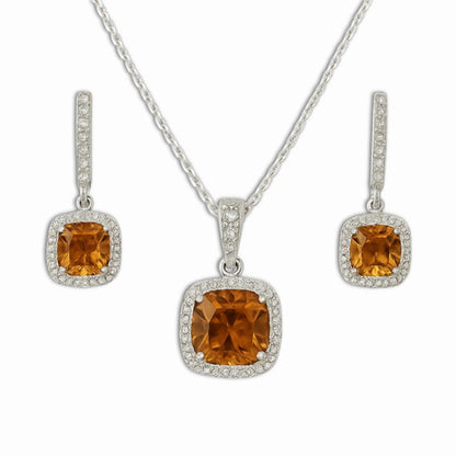 Silver Natural Cushion Citrine Earrings and Necklace Jewelry Sets