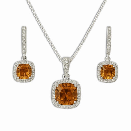 Silver Natural Cushion Citrine Earrings and Necklace Jewelry Sets