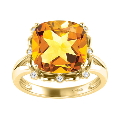 Gold Plated Sterling Silver Natural Citrine and White Topaz Halo Engagement Ring