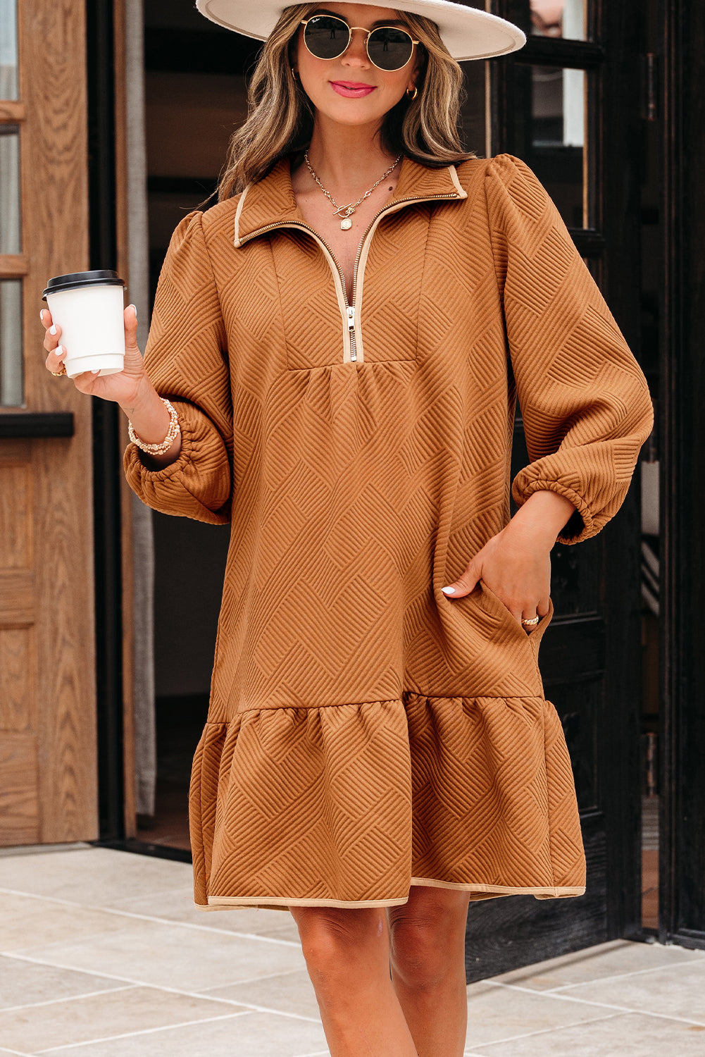 Threaded Pear Danielle Zip Collar Textured Mini Dress