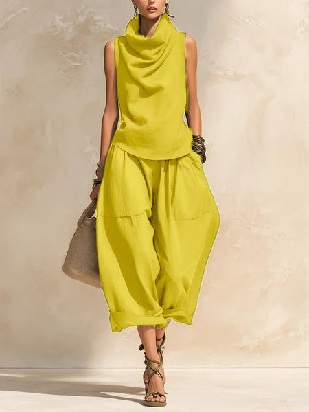 Women's Draped Cowl-Neck Sleeveless Top & Voluminous Balloon Lantern Trouser Set