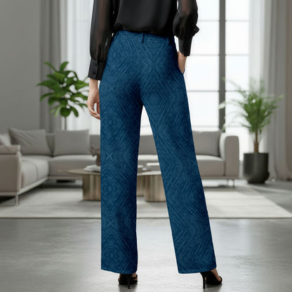 Blue Geometric Tie-Waist Straight Leg Pants with Pockets
