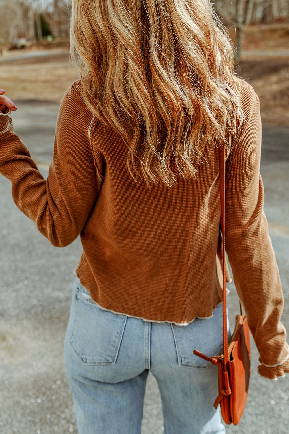 Threaded Pear Cataleya Textured Round Neck Long Sleeve Top