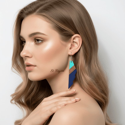 Mint Green & Navy Resin Wood Silvertone Color-Block Wing Hook Earrings