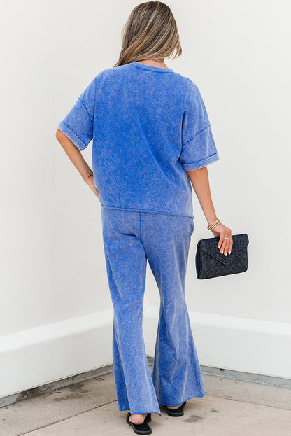 Threaded Pear Arabella Acid Wash Star Patched Rolled Trim Pants Set