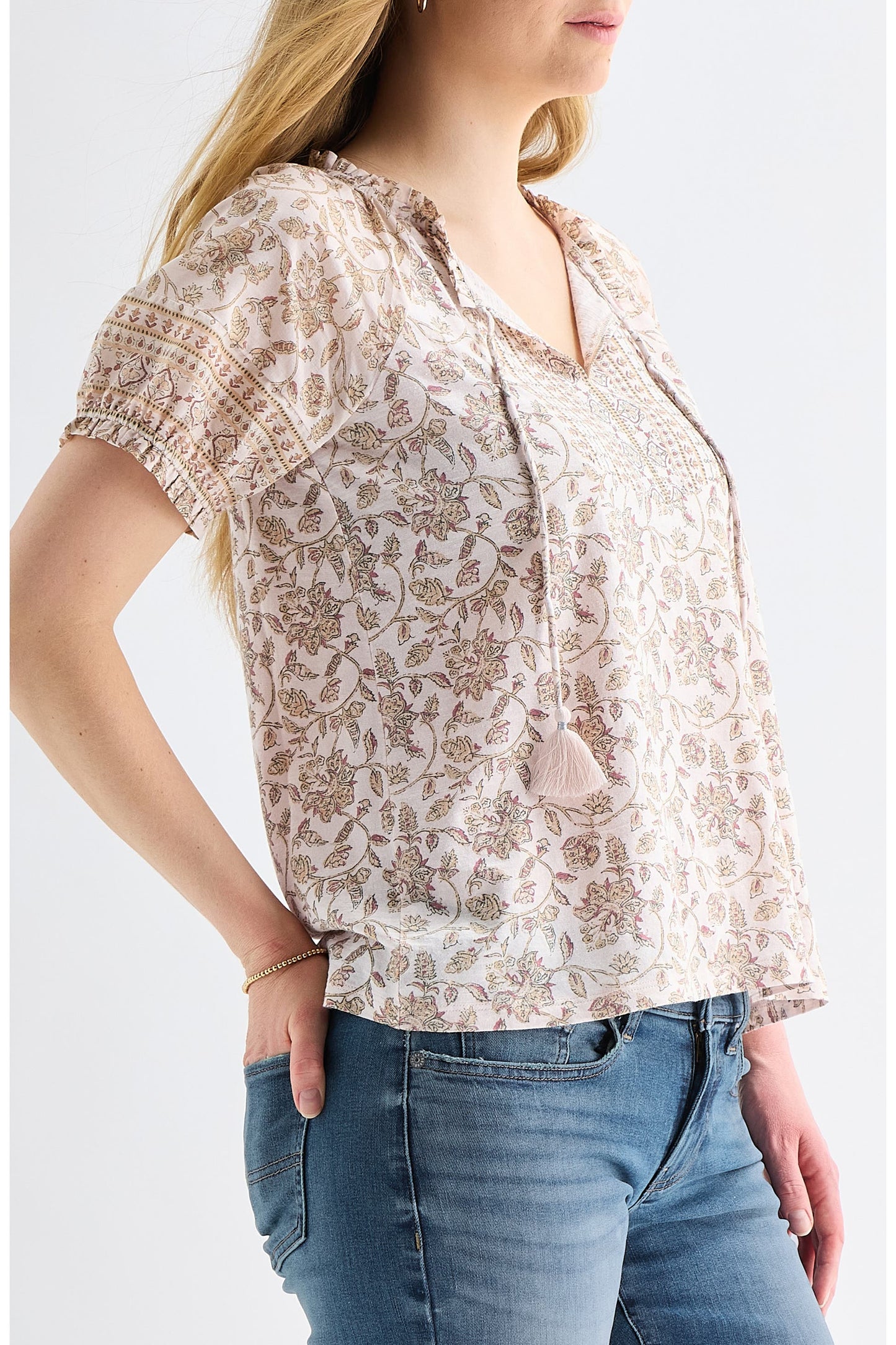 Lucky Brand Women's Short Sleeve Notch Neck - Pink Multi