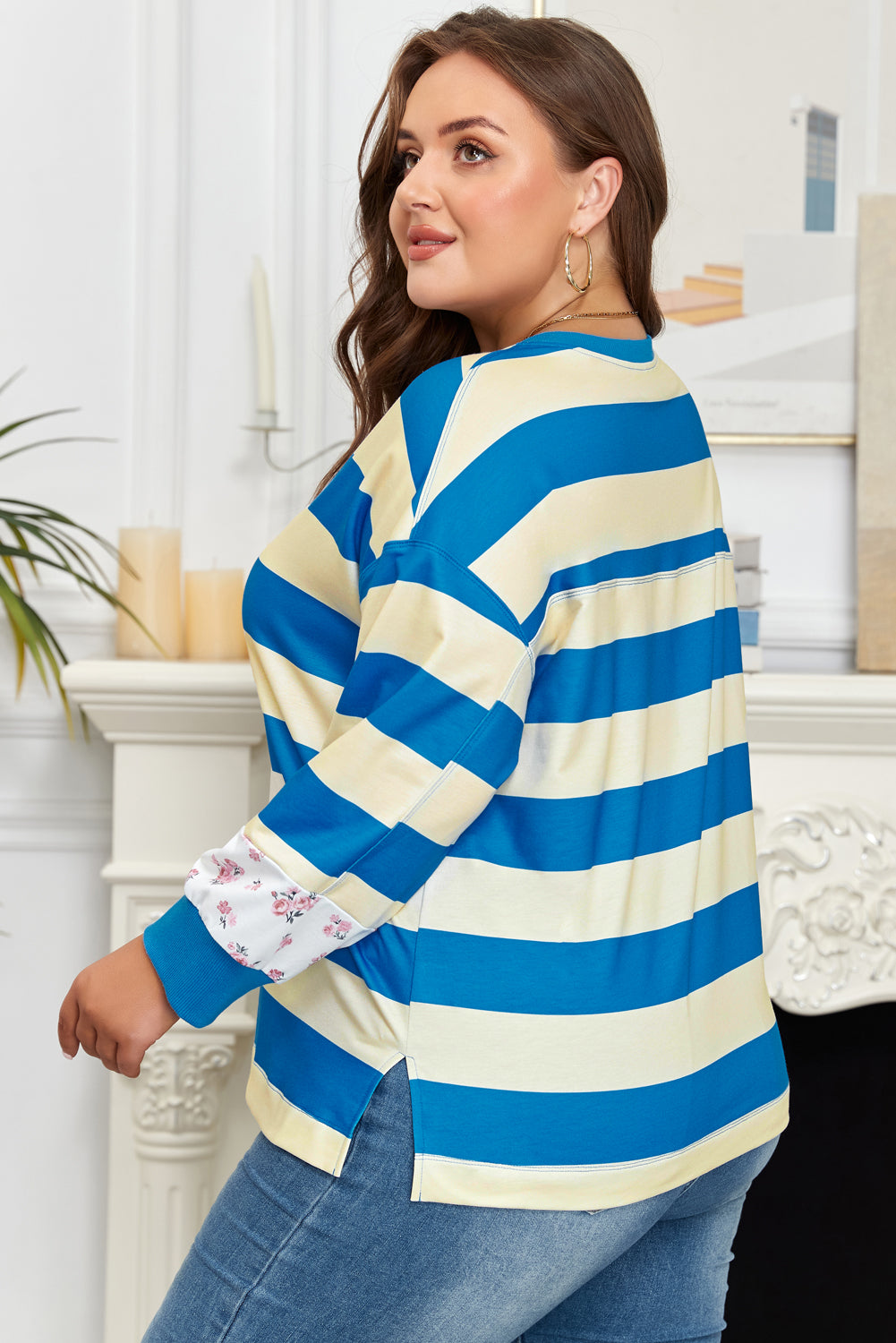 Threaded Pear Blue Stripe Floral Color Block Drop Shoulder Plus Size Pullover Top