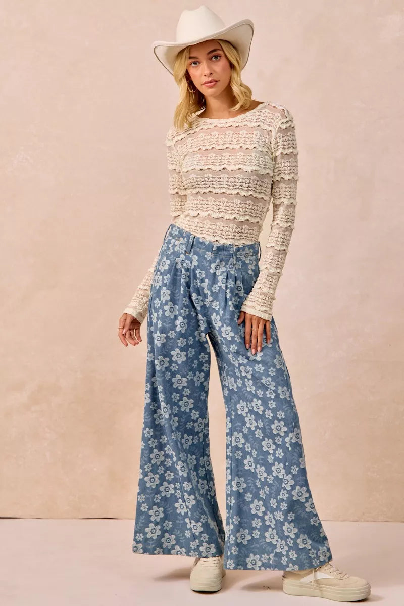 BiBi Ruffles Detail Flower Lace Top in Cream