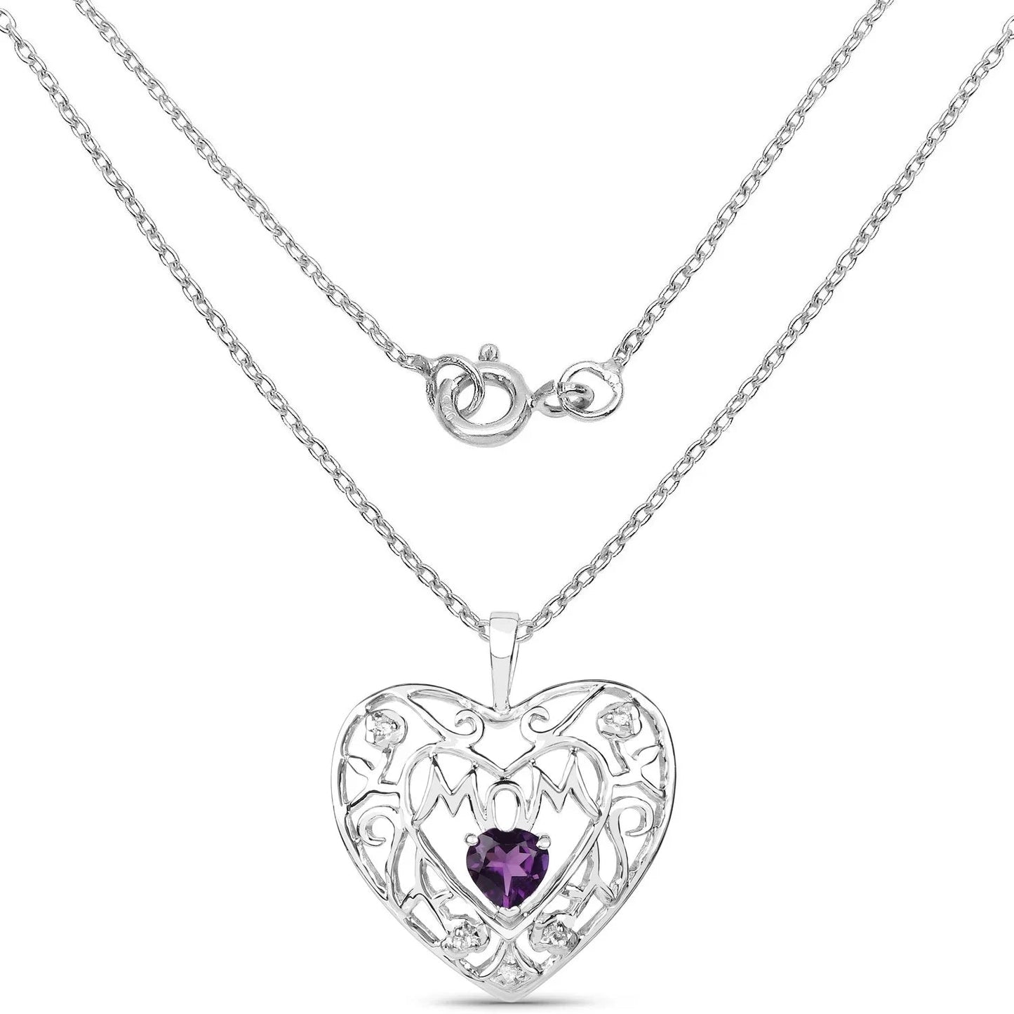 Heart Purple Amethyst Prong Silver Mom Charm Necklace