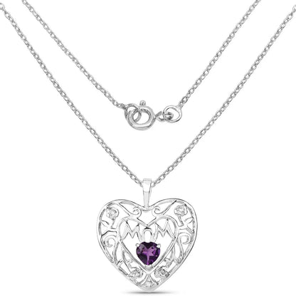 Heart Purple Amethyst Prong Silver Mom Charm Necklace