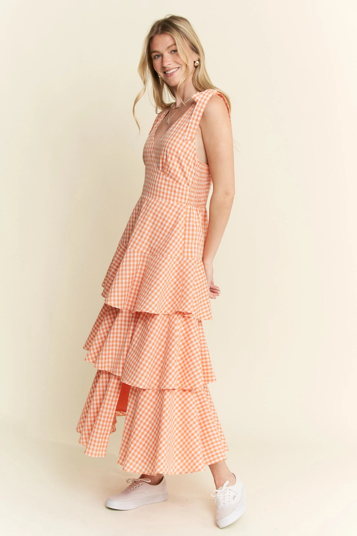 Jade By Jane Sleeveless Gingham Print Tiered Midi Dress