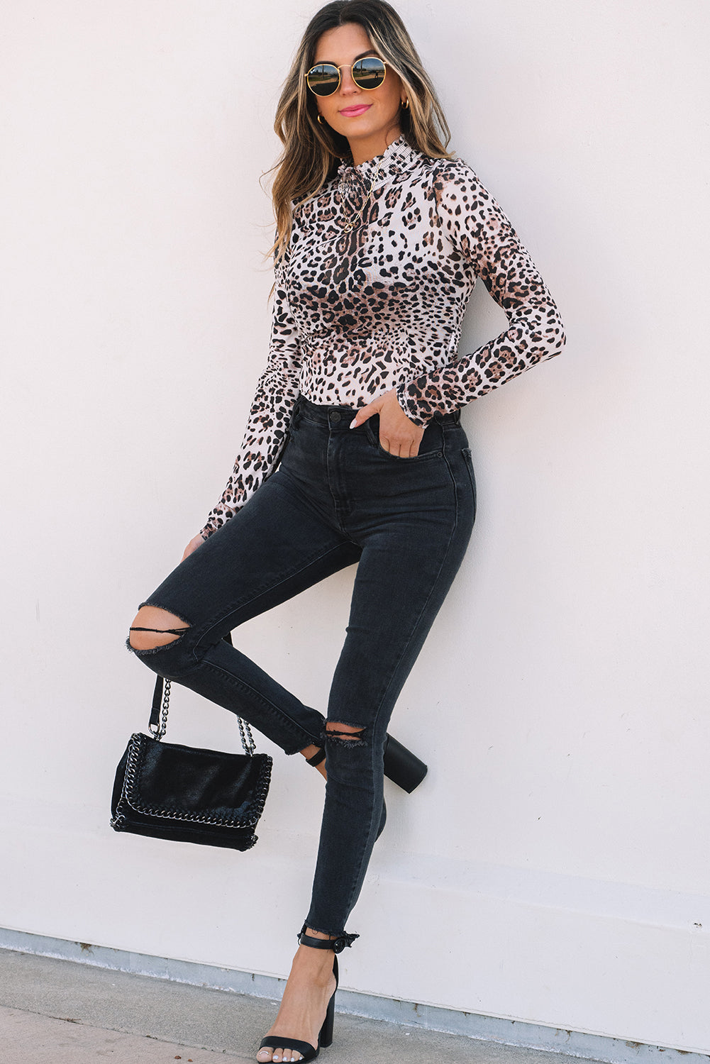 Threaded Pear Leopard Smocked Neck Mesh Long Sleeve Bodysuit