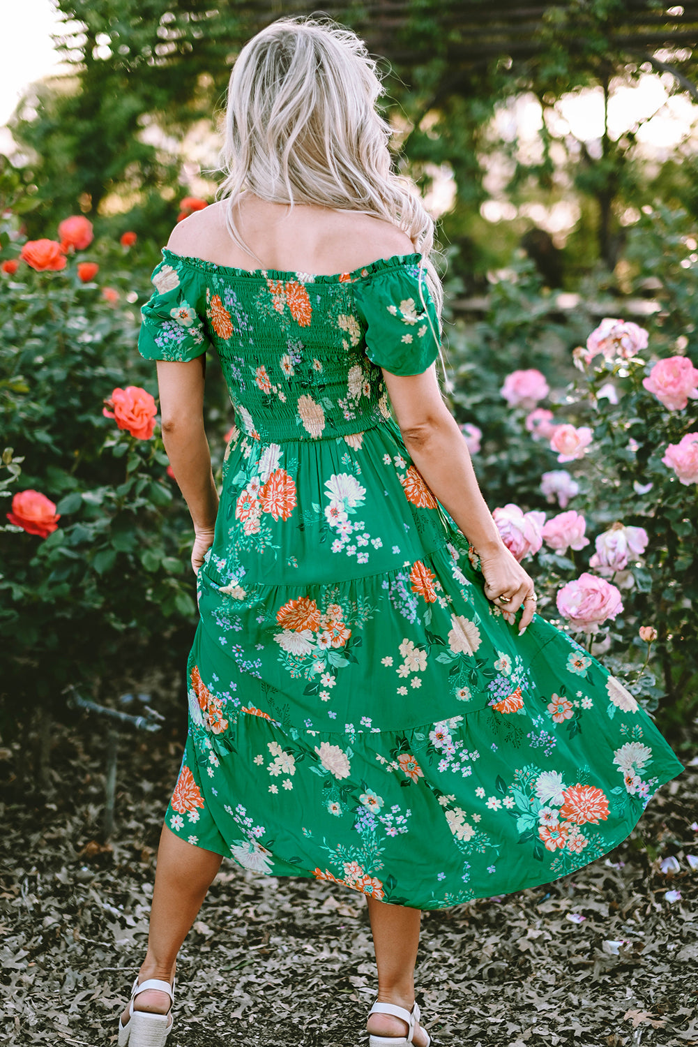 Threaded Pear Kailany Floral Bubble Sleeve Smocked Tiered Midi Dress