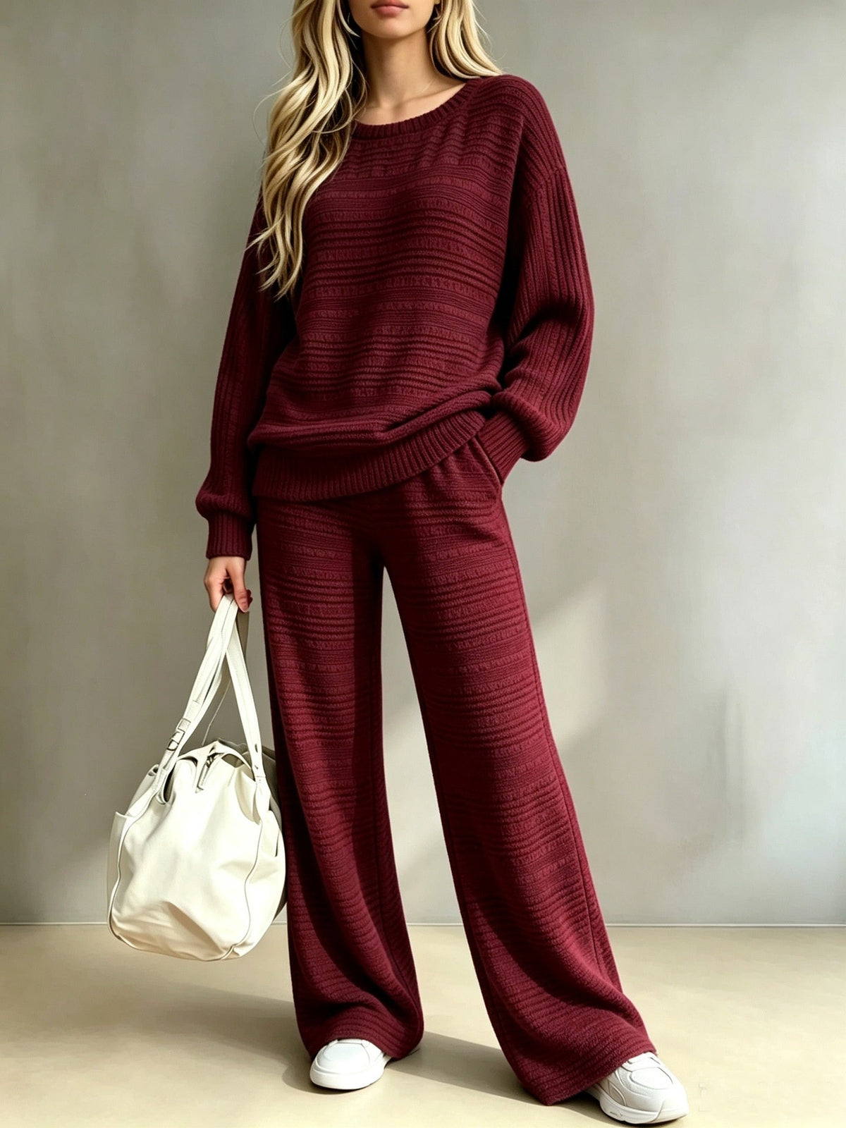 Women's Oversized Horizontal Ladder-Knit Drop-Shoulder Sweater & Wide-Leg Knit Pants Set