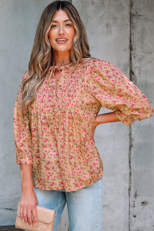 Threaded Pear Sadie Floral Bow Pin-tuck Bust Half Puff Sleeve Blouse