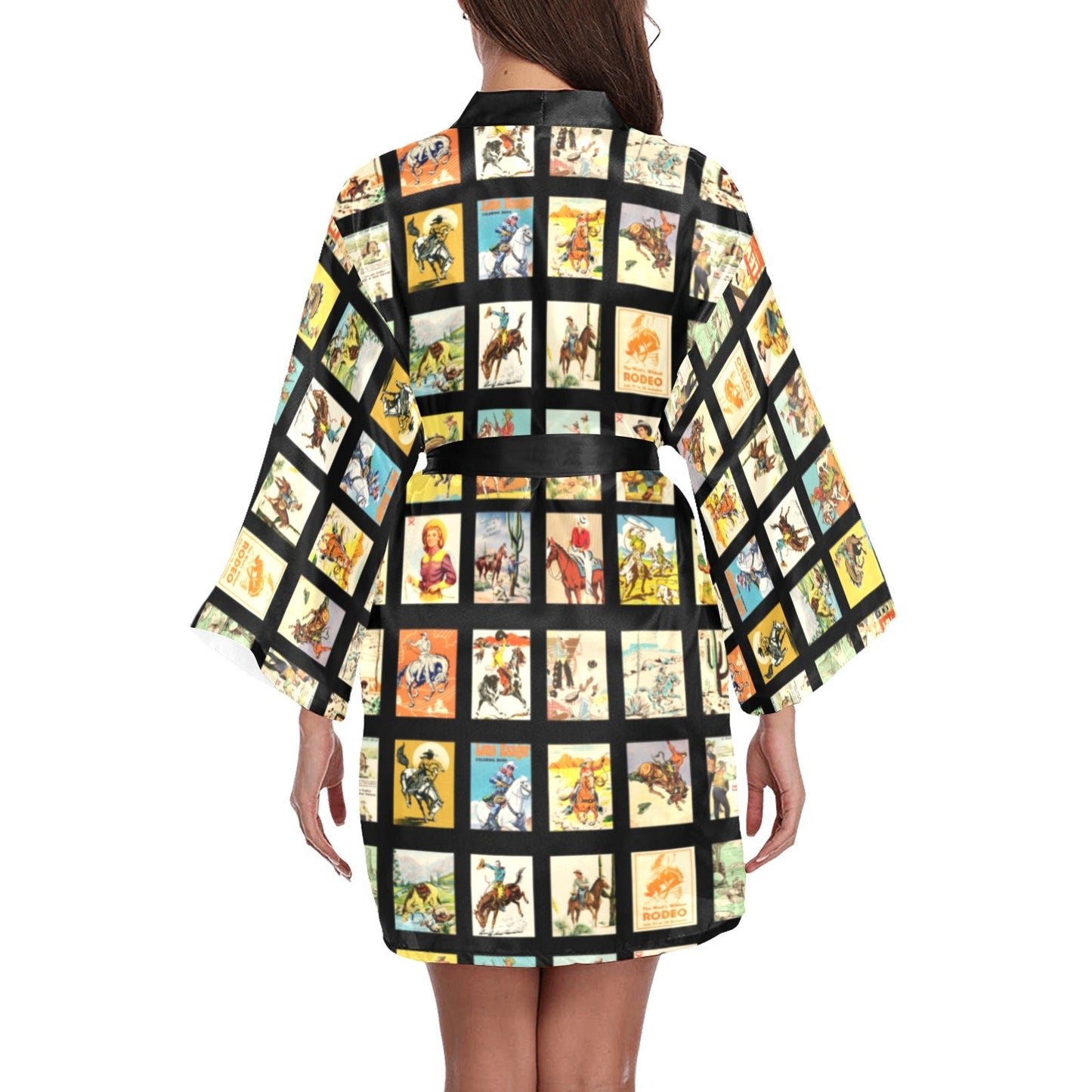 Baha Ranch Vintage Cowboy Collage Satin Kimono Robe