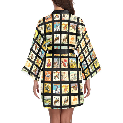 Baha Ranch Vintage Cowboy Collage Satin Kimono Robe