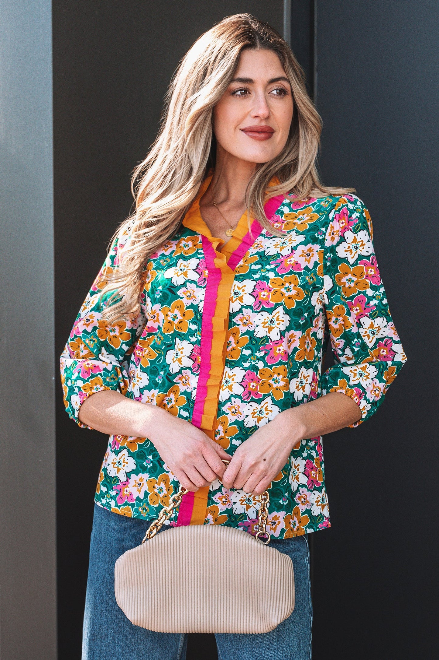 Threaded Pear Meadow 3 4 Sleeve Blouse