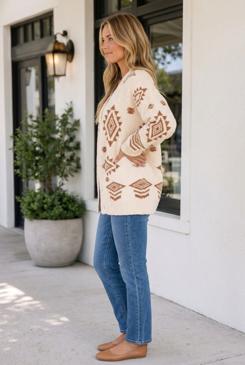 Threaded Pear Frankie Print Open Knit Sweater
