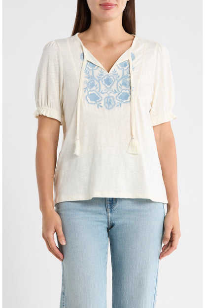 Lucky Brand Women's Emb Tie Front Top - Gardenia