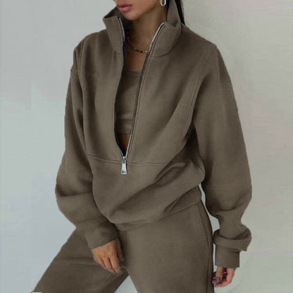 Women's Full-Zip Cropped Sweatshirt & Wide-Leg Pants Fleece Two-Piece Set