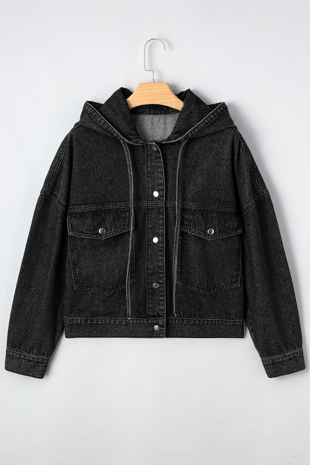 Threaded Pear Sage Pocket Drop Shoulder Hooded Denim Jacket
