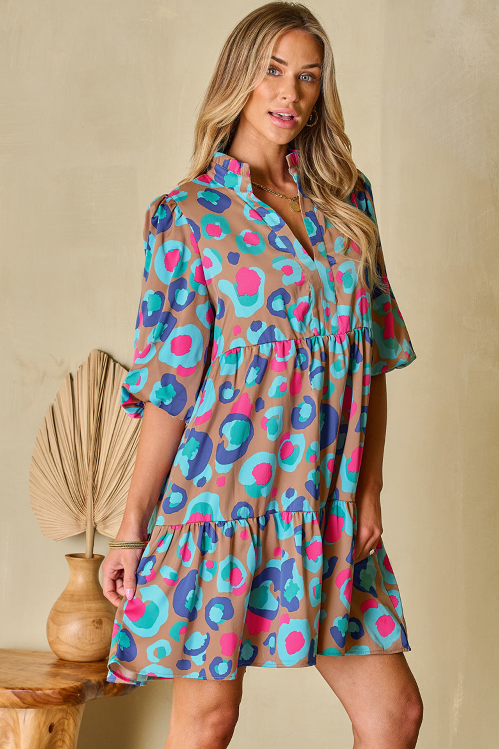 Threaded Pear Emerie Sleeve Slit Ruffled Dress