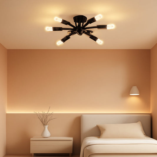 Semi Flush Mount Modern Ceiling Light Fixture， 6 Lights Black Vintage Matte Sputnik Chandelier Ceiling Lamp with E26 Bulb Base for Farmhouse Dining Room Living Room Bedroom Study Kitchen