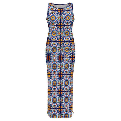 Baha Ranch Colores de Mexico Talavera Sleeveless Bodycon Side Slit Long Dress