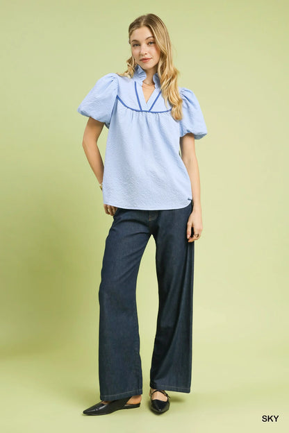 Umgee Textured Puff Sleeve Blouse in Sky