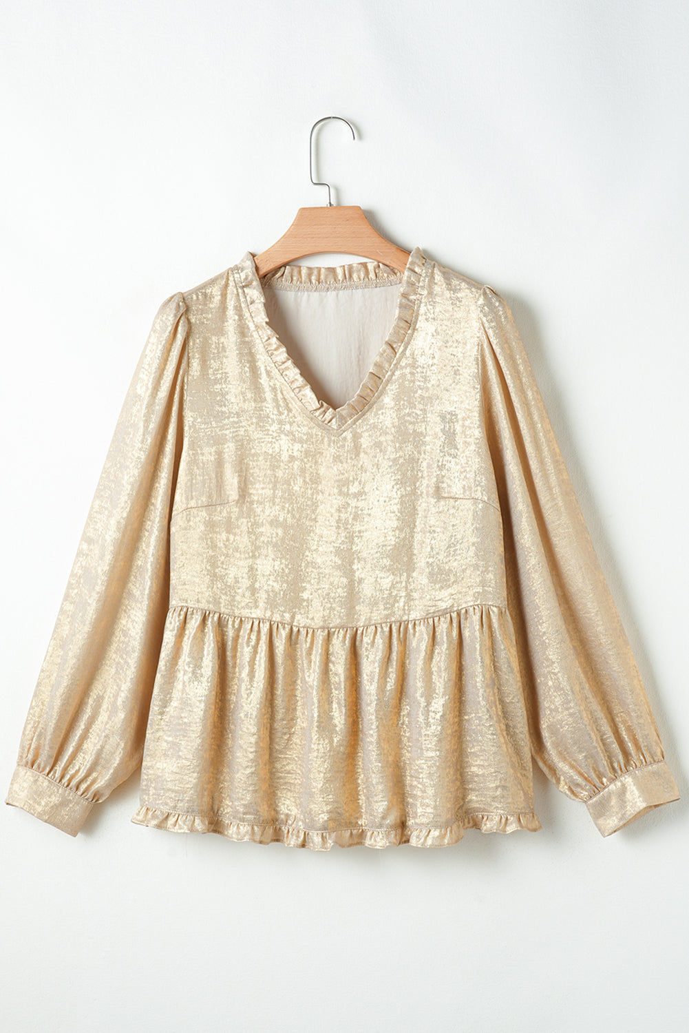 Threaded Pear Metallic Frilled V Neck Puff Sleeve Babydoll Blouse