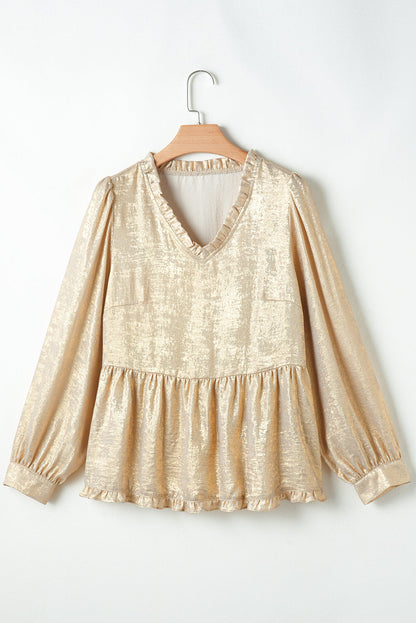 Threaded Pear Metallic Frilled V Neck Puff Sleeve Babydoll Blouse