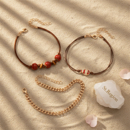 Ceramics & Enamel Polyster Goldtone Fish Charm Anklet Set