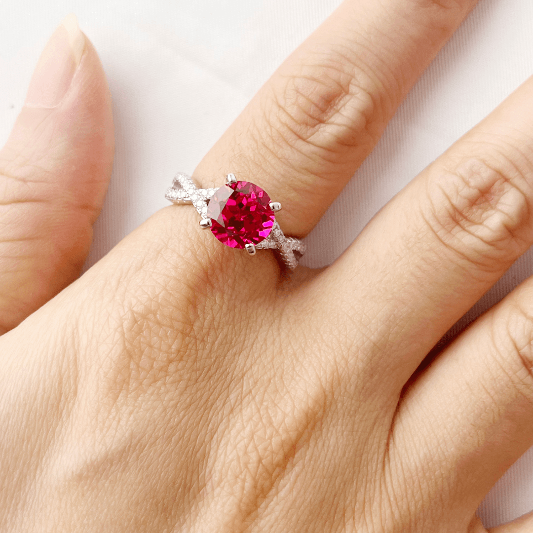 Round Red Lab Grown Ruby Prong Silver Twisted Band Solitaire Ring