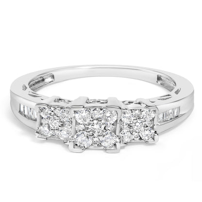 10K White Gold 1/2 Cttw Brilliant & Baguette Cut Diamond 3 Stone Design with 3 Square Clusters Engagement Ring (H-I Color, SI2-I1 Clarity)