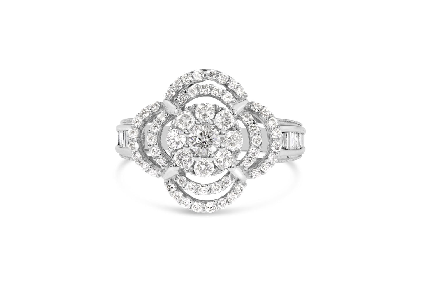 14K White Gold 1.0 Cttw Round & Baguette Cut Diamond Floral Cluster Quatrefoil Channel Set Band Cocktail Statement Ring (H-I Color, SI2-I1 Clarity)