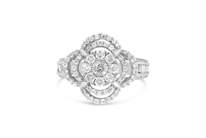 14K White Gold 1.0 Cttw Round & Baguette Cut Diamond Floral Cluster Quatrefoil Channel Set Band Cocktail Statement Ring (H-I Color, SI2-I1 Clarity)
