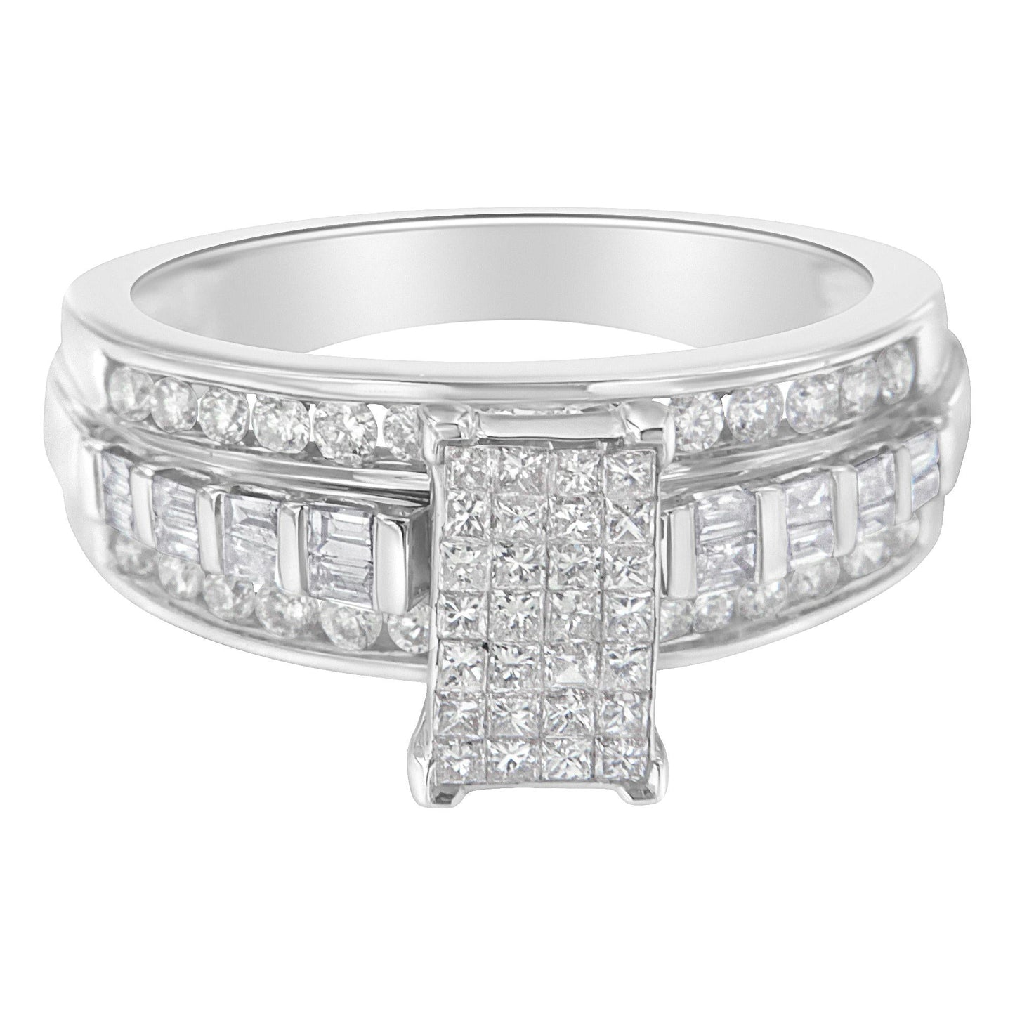 14K White Gold 1.0 Cttw Mixed-Cut Diamond Rectangle Invisible-Set Composite Cluster Ring with Bar- and Channel-Set Band (H-I Color, SI2-I1 Clarity)