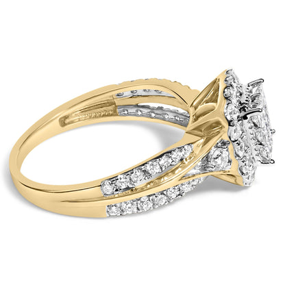 10K Yellow Gold 1.0 Cttw Diamond Composite Cushion-Shape Halo 3-Band-Look Engagement Ring (H-I Color, SI1-SI2 Clarity)