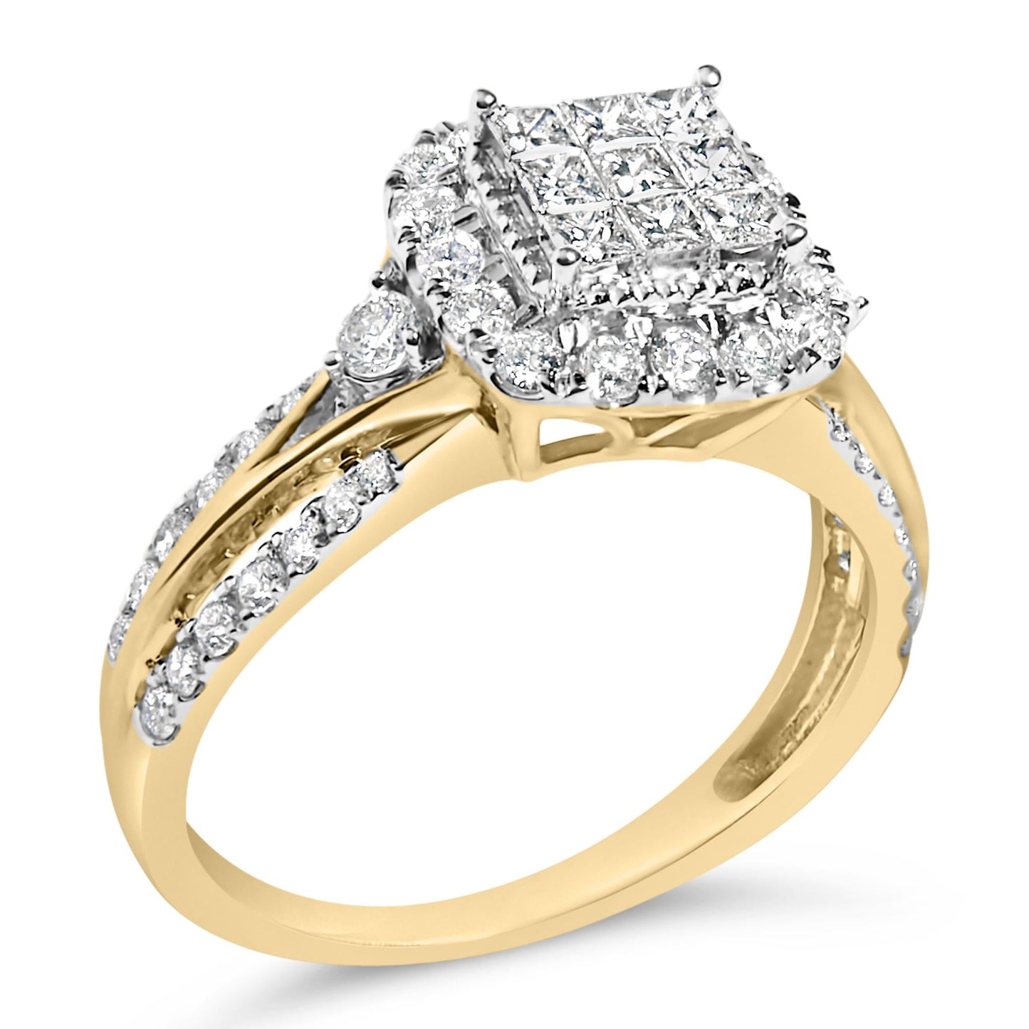 10K Yellow Gold 1.0 Cttw Diamond Composite Cushion-Shape Halo 3-Band-Look Engagement Ring (H-I Color, SI1-SI2 Clarity)