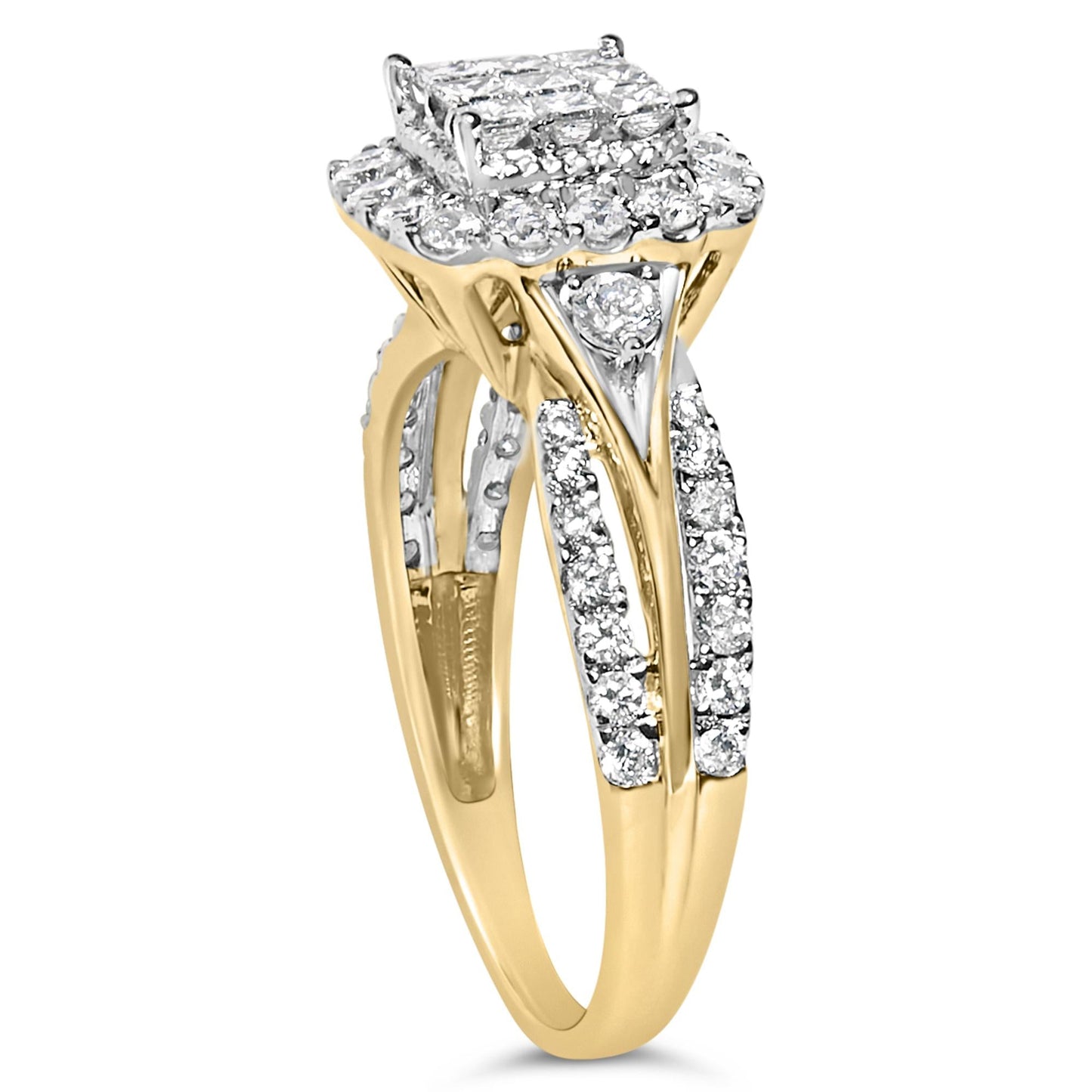 10K Yellow Gold 1.0 Cttw Diamond Composite Cushion-Shape Halo 3-Band-Look Engagement Ring (H-I Color, SI1-SI2 Clarity)