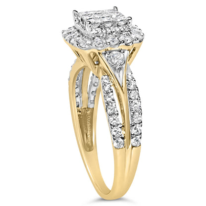 10K Yellow Gold 1.0 Cttw Diamond Composite Cushion-Shape Halo 3-Band-Look Engagement Ring (H-I Color, SI1-SI2 Clarity)