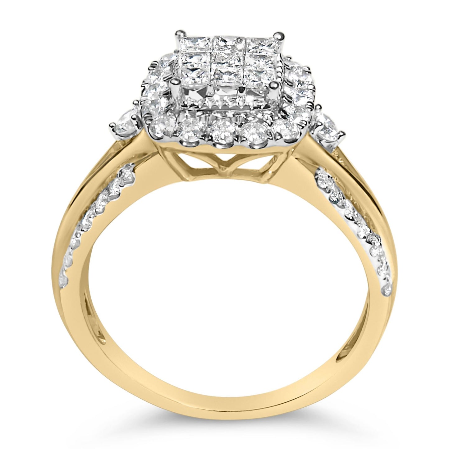 10K Yellow Gold 1.0 Cttw Diamond Composite Cushion-Shape Halo 3-Band-Look Engagement Ring (H-I Color, SI1-SI2 Clarity)